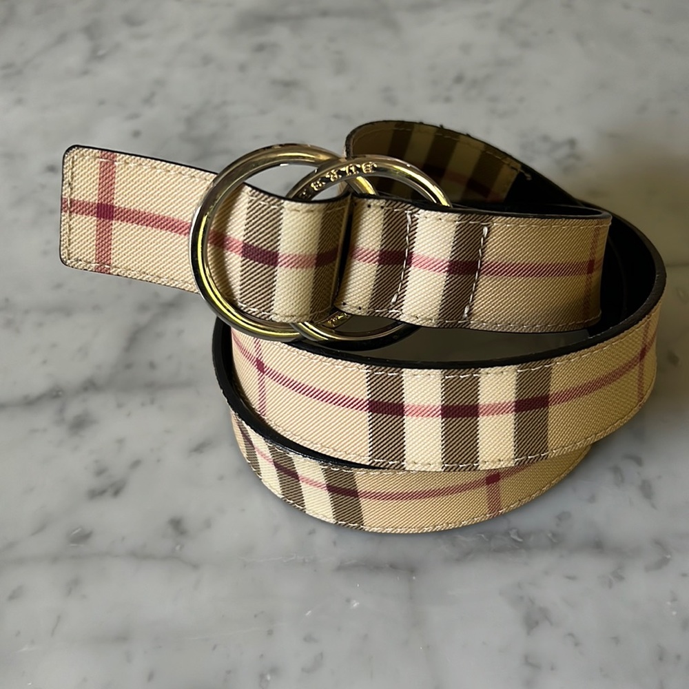 Burberry Beige Plaid Leather Belt with Gold-Tone Double Ring